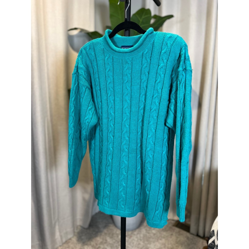 BEST American Clothing Co Vintage Teal Cable Knit Mock Neck Sweater Women Medium - Picture 2 of 8